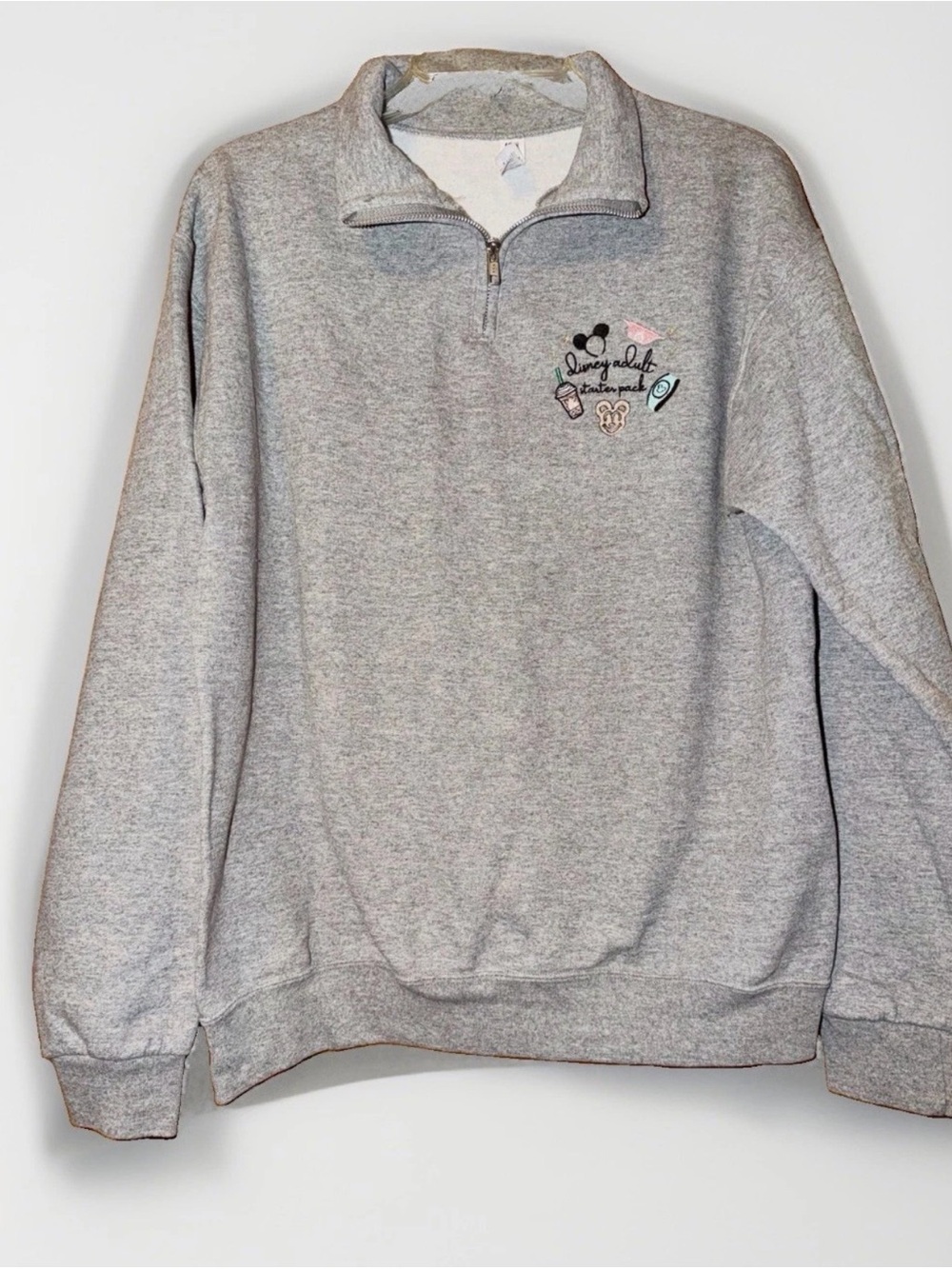 Embroidered “Disney Starter Pack” Gray Quarter Zip Sweatshirt Women’s Size M